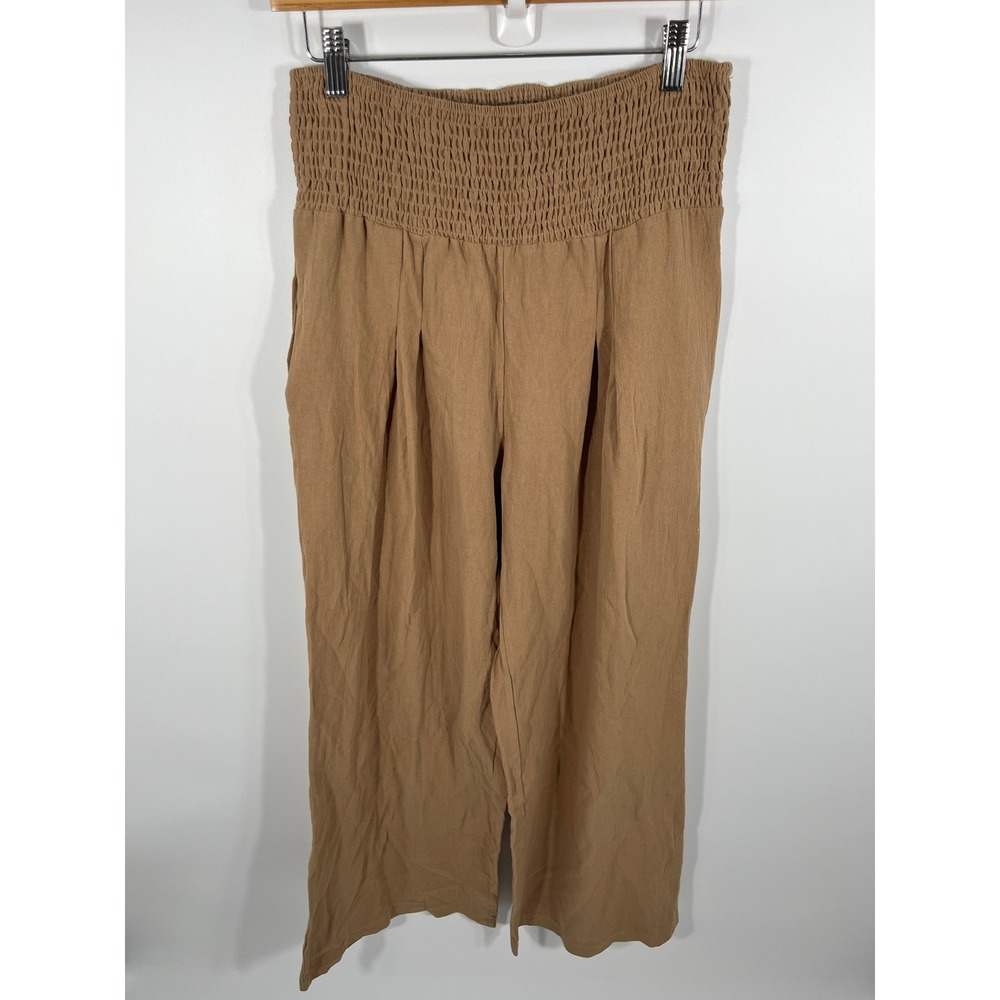 Womens Wide Leg Linen Cotton Blend Pants S Beige Minimalist Chic Euro Summer